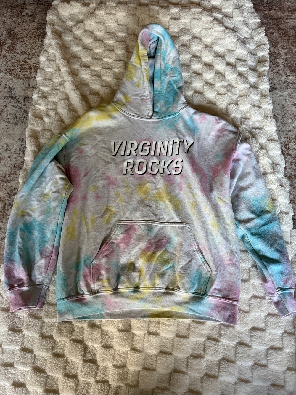 Tie-Dye Pastel Hoodie with 'VIRGINITY ROCKS' Graphic - Pastel Blue/Pink/Yellow